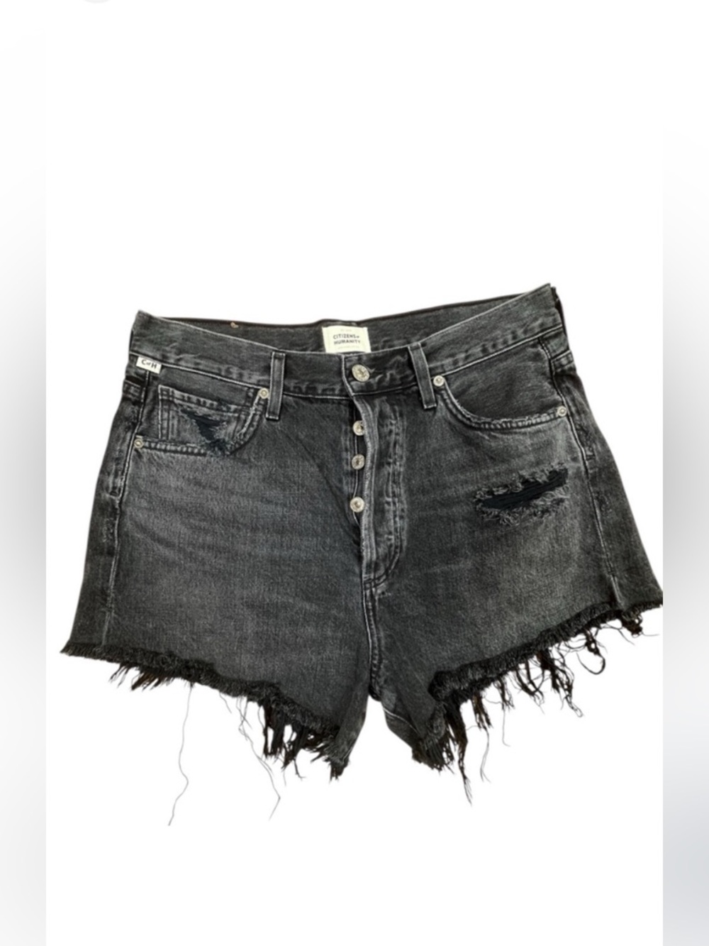 CITIZENS OF HUMANITY High Rise Distressed Denim Shorts Black Gray Button fly 27